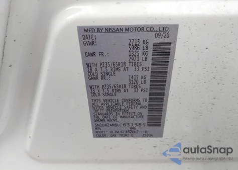 2020 Nissan Pathfinder S 4Wd z USA, uszkodzony, nr VIN 5N1DR2AM6LC631385